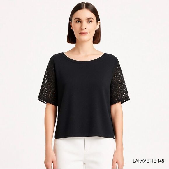 LAFAYETTE 148 Eyelet Sleeve Knit Top Black Lyocell Blend Boxy Fit - Picture 1 of 7